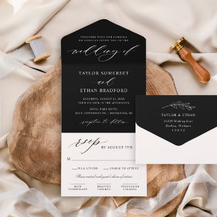 Invitation Tout En Un Élégant Mariage Calligraphié Noir Script