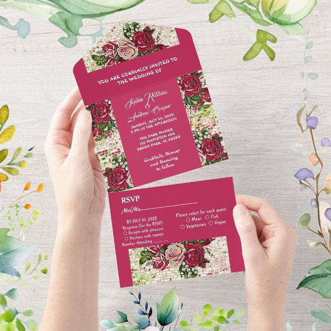 Invitation Tout En Un Elégant Mariage campagnard Rose roumain de Bourgog (Elegant Burgundy Red Rustic Roses Country Wedding All In One Invitation)
