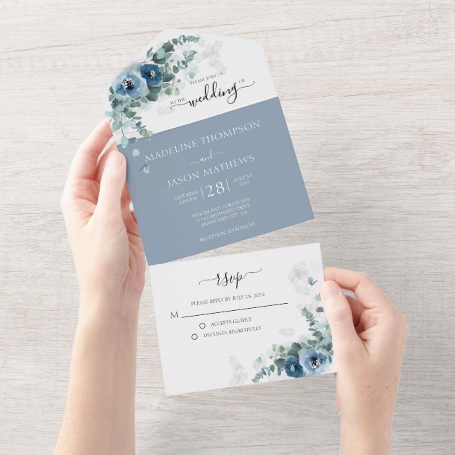 Invitation Tout En Un Elégant Mariage d'aquarelle bleu-dusty Floral (Déchirure)