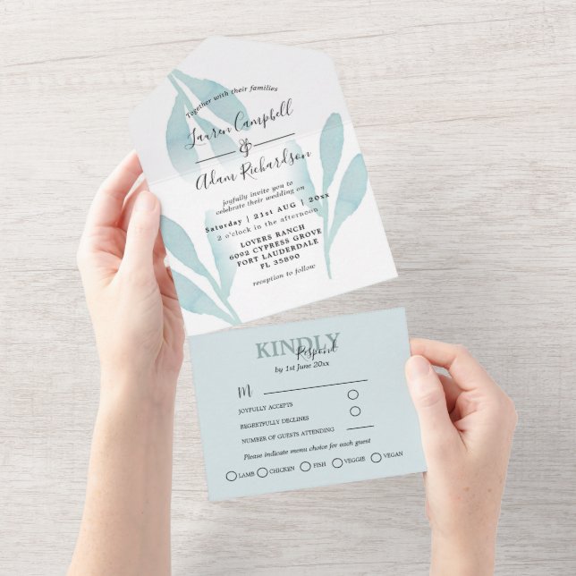Invitation Tout En Un Élégant Mariage d'aquarelle de feuillage Turquoise (Déchirure)