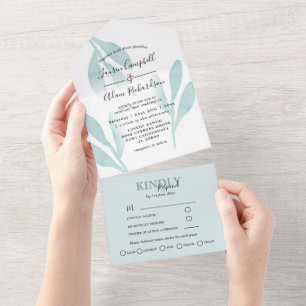 Invitation Tout En Un Élégant Mariage d'aquarelle de feuillage Turquoise