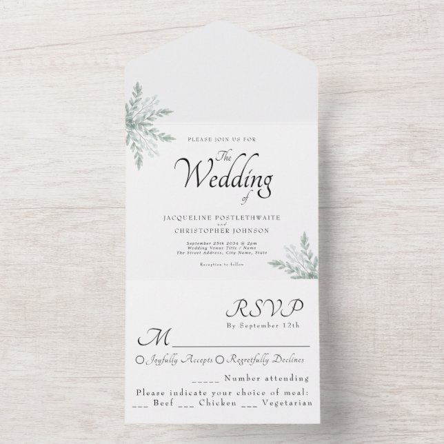 Invitation Tout En Un Elégant Mariage d'aquarelle florale Eucalyptus (À l'intérieur)