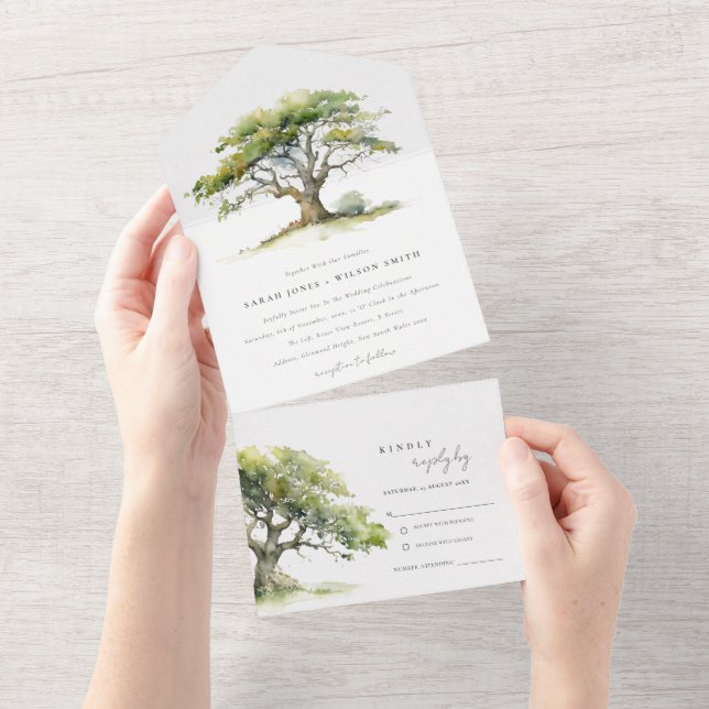 Invitation Tout En Un Élégant Mariage d'aquarelle verte en chêne (Déchirure)