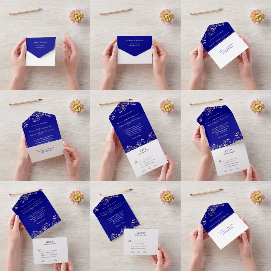 Invitation Tout En Un Élégant Mariage de  Blue Gold de la Marine