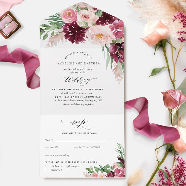 Invitation Tout En Un Élégant Mariage de Boho Floral Rose Burgundy (Créateur téléchargé)