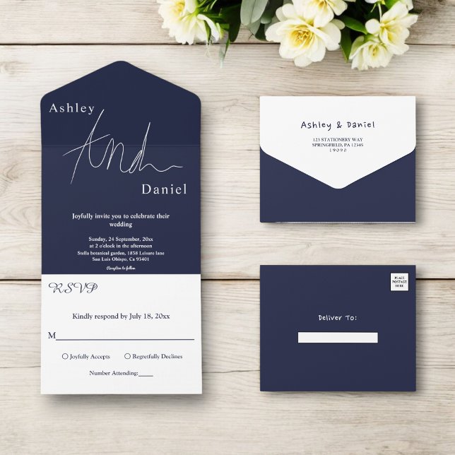 Invitation Tout En Un Élégant Mariage de calligraphie bleu bleu marine (Créateur téléchargé)