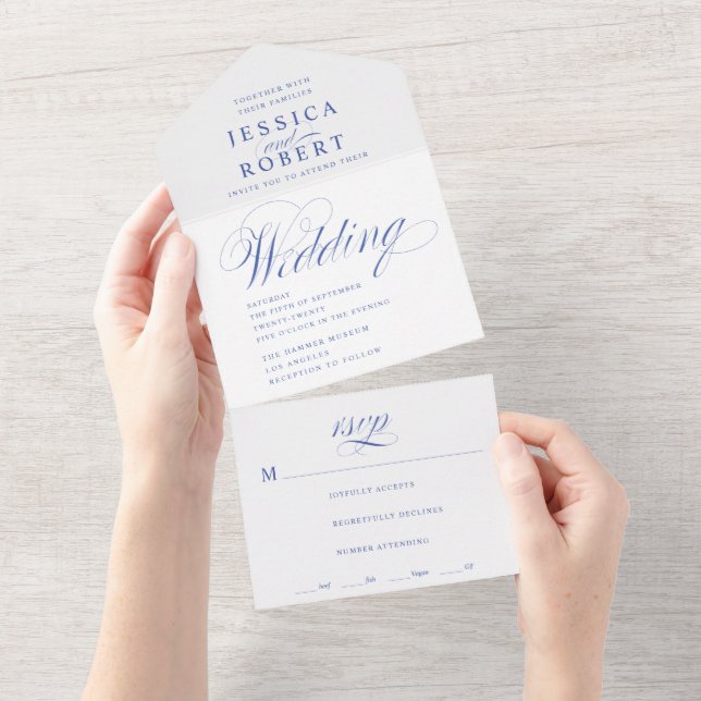 Invitation Tout En Un Élégant Mariage de calligraphie bleu et blanc (Déchirure)