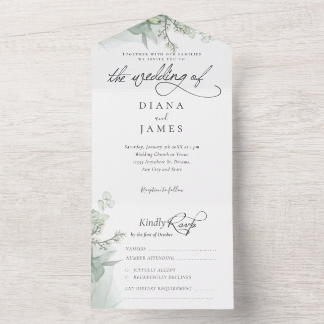 Invitation Tout En Un Élégant Mariage de calligraphie Eucalyptus (À l'intérieur)