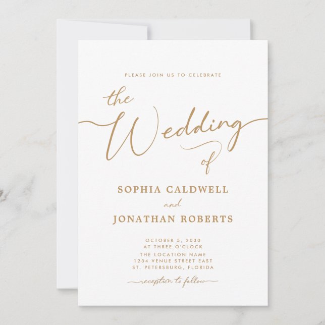 Invitation Tout en un élégant Mariage de calligraphie or (Devant)