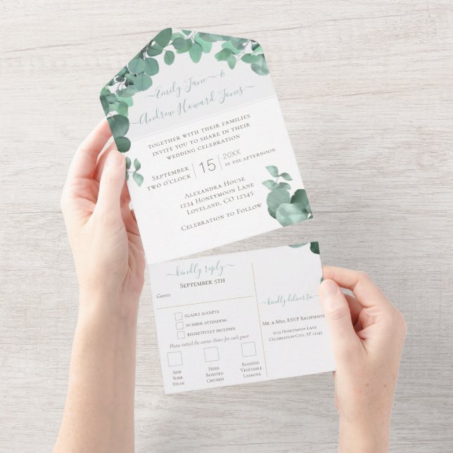 Invitation Tout En Un Élégant Mariage de couronne Eucalyptus verdure (Déchirure)