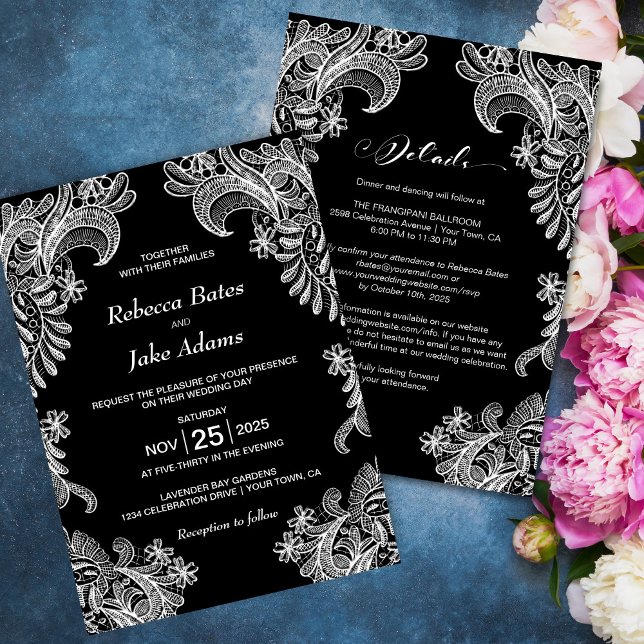 Invitation Tout en un élégant Mariage de dentelle noir et bla (Créateur téléchargé)