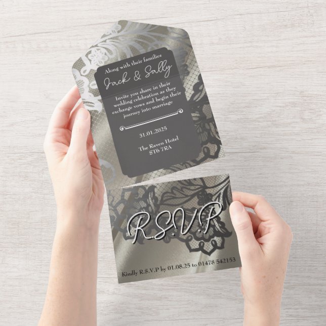Invitation Tout En Un Élégant Mariage de dentelle noire (Déchirure)