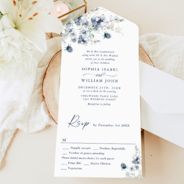 Invitation Tout En Un Élégant Mariage de feuillage d'hiver Dusty Blue Bo (Créateur téléchargé)