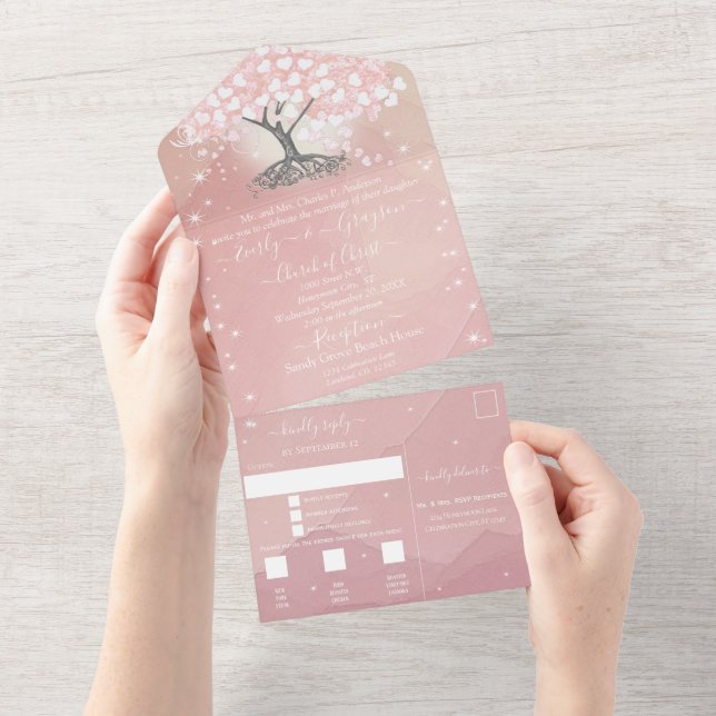 Invitation Tout En Un Élégant Mariage de feuille de coeur rose pâle (Déchirure)