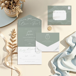 Invitation Tout En Un Élégant Mariage de monogramme à main et à ruban