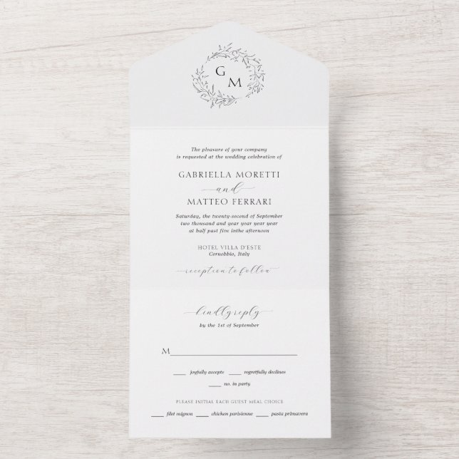 Invitation Tout En Un Élégant Mariage de monogramme botanique (À l'intérieur)