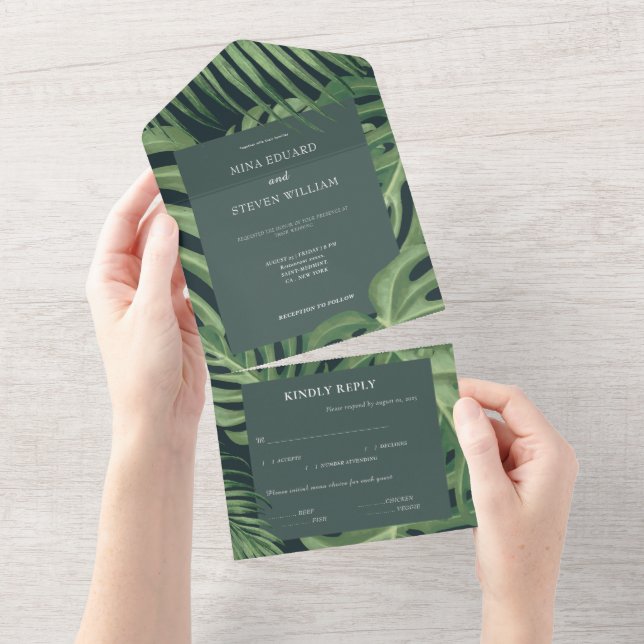 Invitation Tout En Un Elégant mariage de plage tropicale verte (Déchirure)