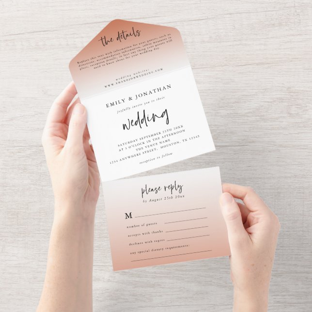 Invitation Tout En Un Élégant Mariage de script en terre cuite (Déchirure)