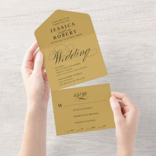 Invitation Tout En Un Élégant Mariage de script Gold et Black Calligraph