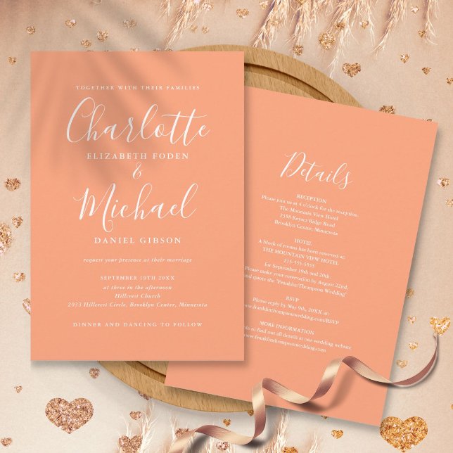 Invitation Tout en un élégant Mariage de script moderne Peach (All In One Elegant Modern Script Peach Wedding Invitation)