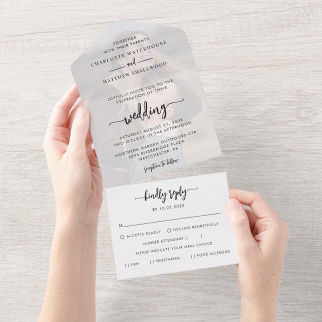 Invitation Tout En Un Élégant Mariage de script photo (Déchirure)