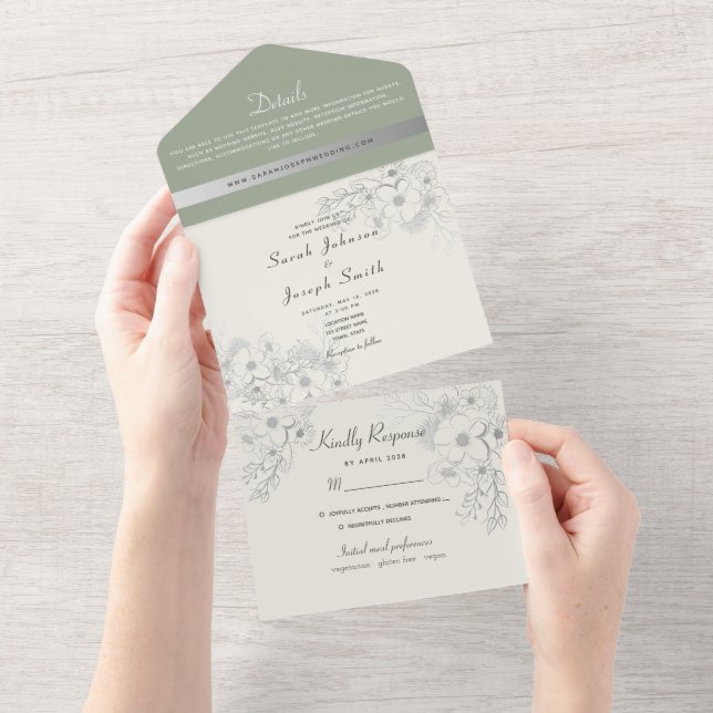 Invitation Tout En Un Élégant Mariage d'ivoire vert Sage (Déchirure)