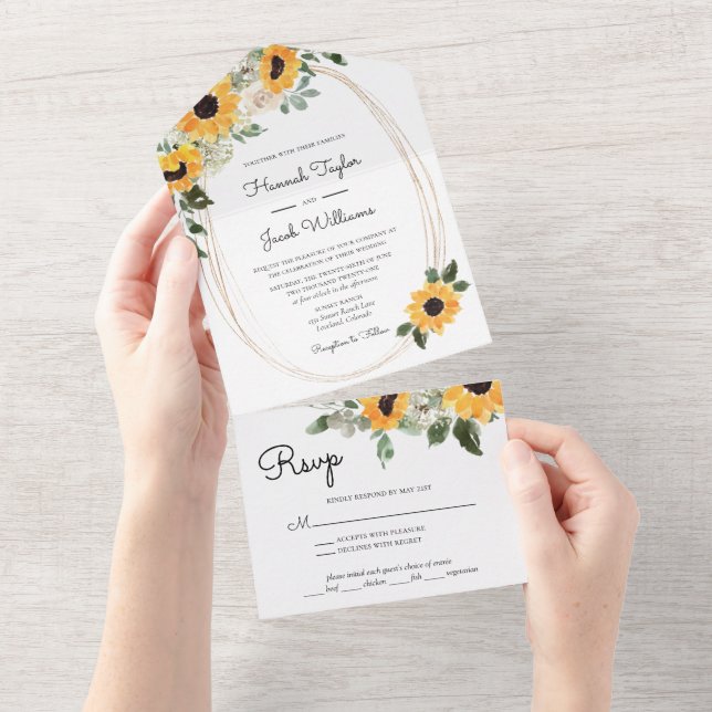 Invitation Tout En Un Elégant Mariage Eucalyptus tournesol avec RSVP (Déchirure)