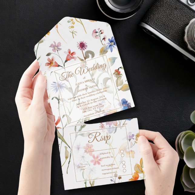 Invitation Tout En Un Elégant mariage fleur sauvage aquarelle (Créateur téléchargé)