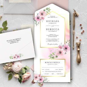 Invitation Tout En Un Élégant mariage floral aquarelle rose tendre