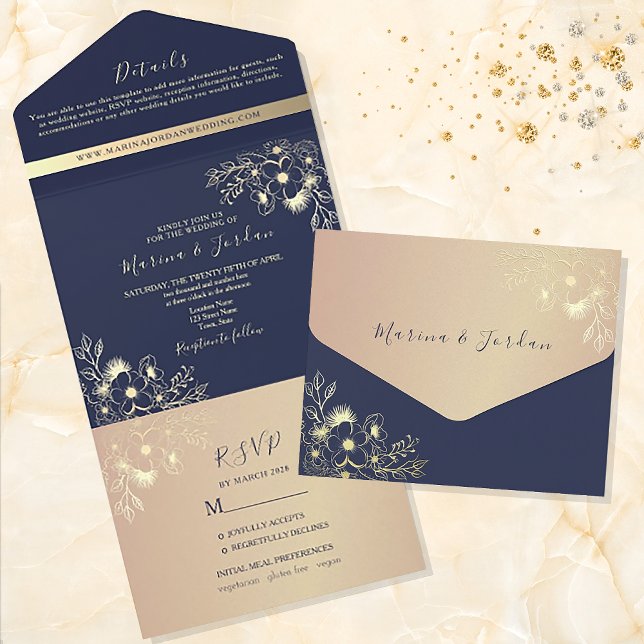 Invitation Tout En Un Elégant Mariage floral bleu marine et or (Créateur téléchargé)
