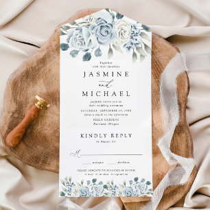 Invitation Tout En Un Élégant mariage floral bleu poussiéreux