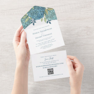 Invitation Tout En Un Elégant Mariage Floral Blue Hydrangeas QR Code