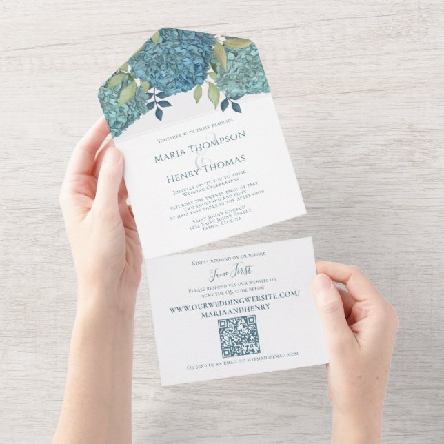 Invitation Tout En Un Elégant Mariage Floral Blue Hydrangeas QR Code (Déchirure)