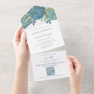 Invitation Tout En Un Elégant Mariage Floral Blue Hydrangeas QR Code