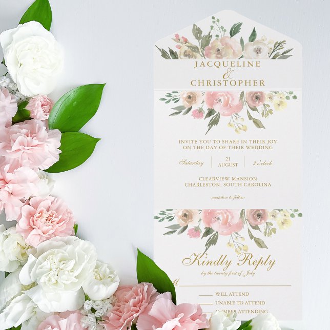 Invitation Tout En Un Élégant Mariage floral Blush Pink Gold Peony (Créateur téléchargé)