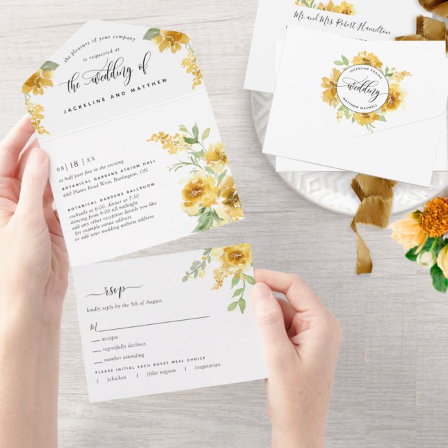 Invitation Tout En Un Élégant Mariage Floral Jaune Éteindre RSVP (Créateur téléchargé)