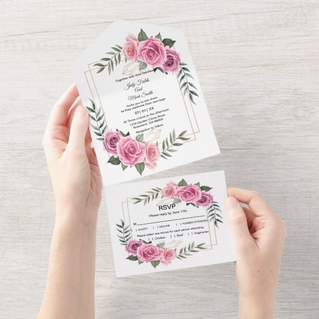 Invitation Tout En Un Élégant Mariage géométrique rose rose (Déchirure)