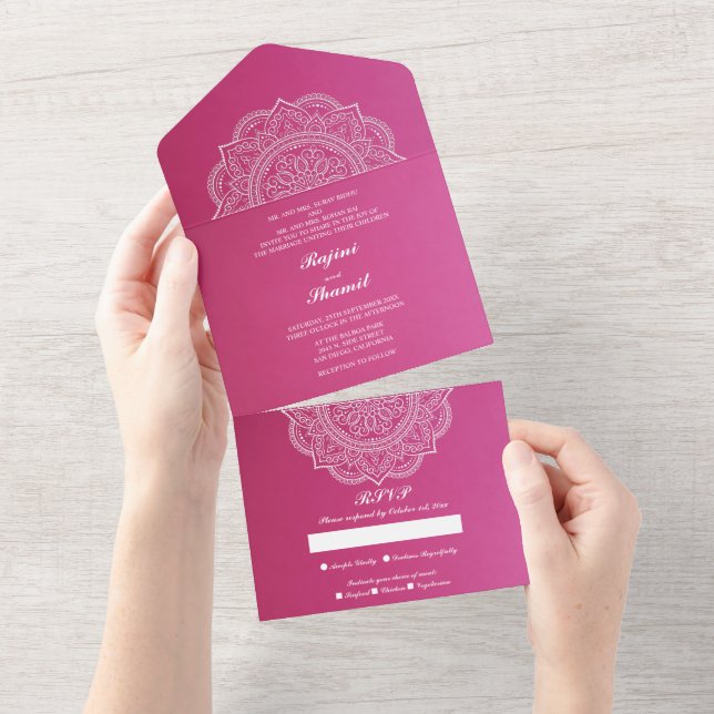 Invitation Tout En Un Élégant Mariage indien blanc rose (pas d'Env néces (Déchirure)