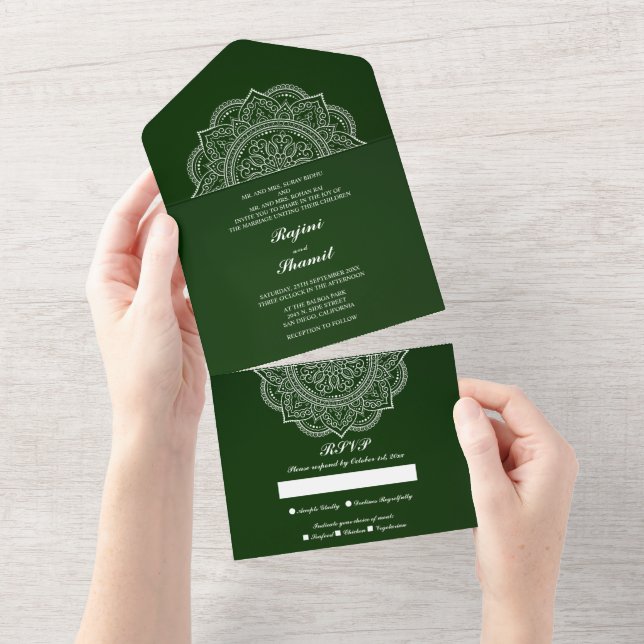 Invitation Tout En Un Élégant Mariage indien vert (pas d'Env nécessaire) (Déchirure)