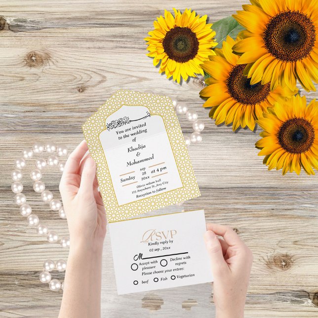 Invitation Tout En Un Élégant mariage islamique moderne OR ET BLANC (Créateur téléchargé)