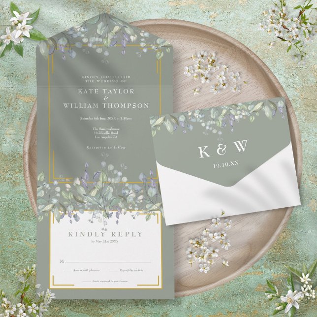 Invitation Tout En Un Élégant Mariage Lilac Foliage Sage vert Monogramme (Elegant Lilac Foliage Sage Green Monogram Wedding All In One Invitation)