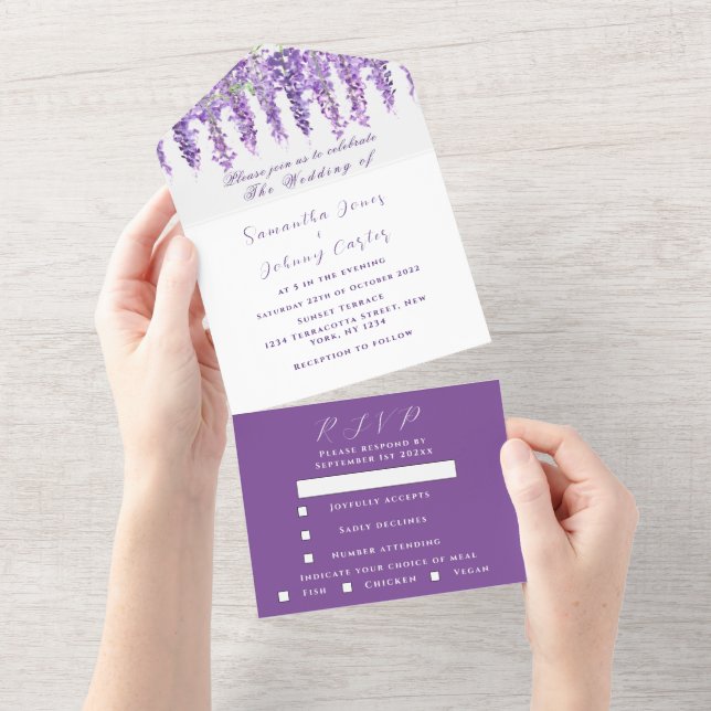 Invitation Tout En Un Elégant Mariage Lilac violet Wisteria Aquarelle (Déchirure)
