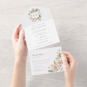 Invitation Tout En Un Élégant mariage moderne à monogramme floral aquare