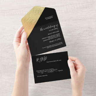 Invitation Tout En Un Élégant Mariage moderne Black & Gold Foil