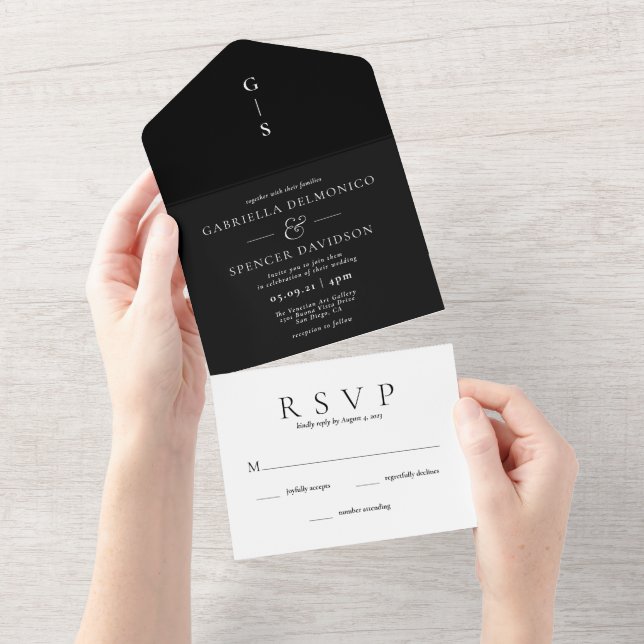 Invitation Tout En Un Élégant Mariage noir blanc classique (Déchirure)