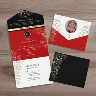 Invitation Tout En Un Élégant Mariage noir et rouge