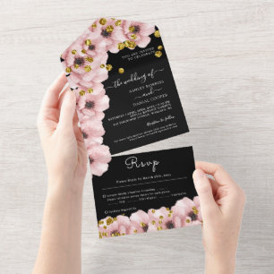 Invitation Tout En Un Élégant Mariage noir Rosy Classy