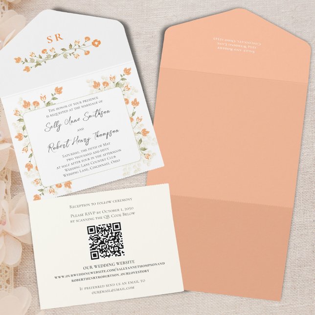 Invitation Tout En Un Élégant Mariage Pêcher Floral Calligraphie Script (Elegant peach floral wedding all-in-one style invitation. )