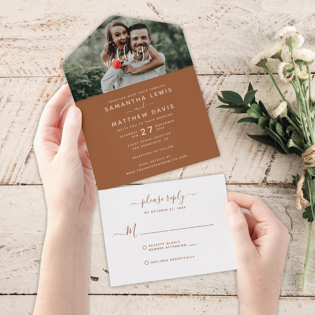 Invitation Tout En Un Élégant Mariage photo en terre cuite (Créateur téléchargé)