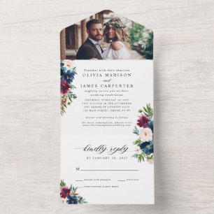 Invitation Tout En Un Élégant Mariage photo floral bleu Bourgogne